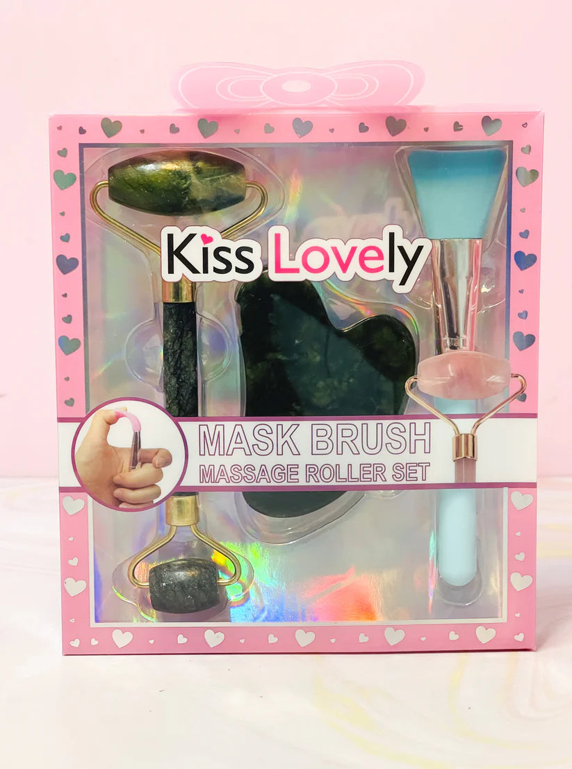 KIT MASAJEADOR CON RODILLO DE JADE, GUASHA Y BROCHA DE SILICONA  KISS LOVELY